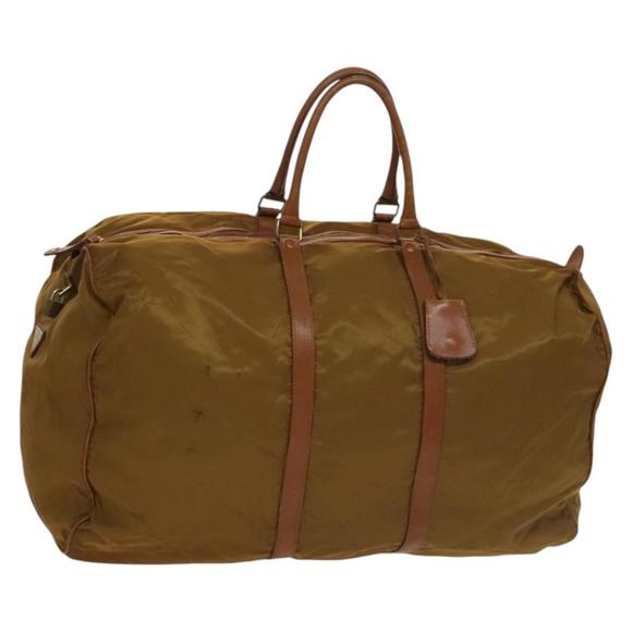PRADA Boston Bag Nylon Leather Brown Gold Auth bs28383 - Picture 1 of 16